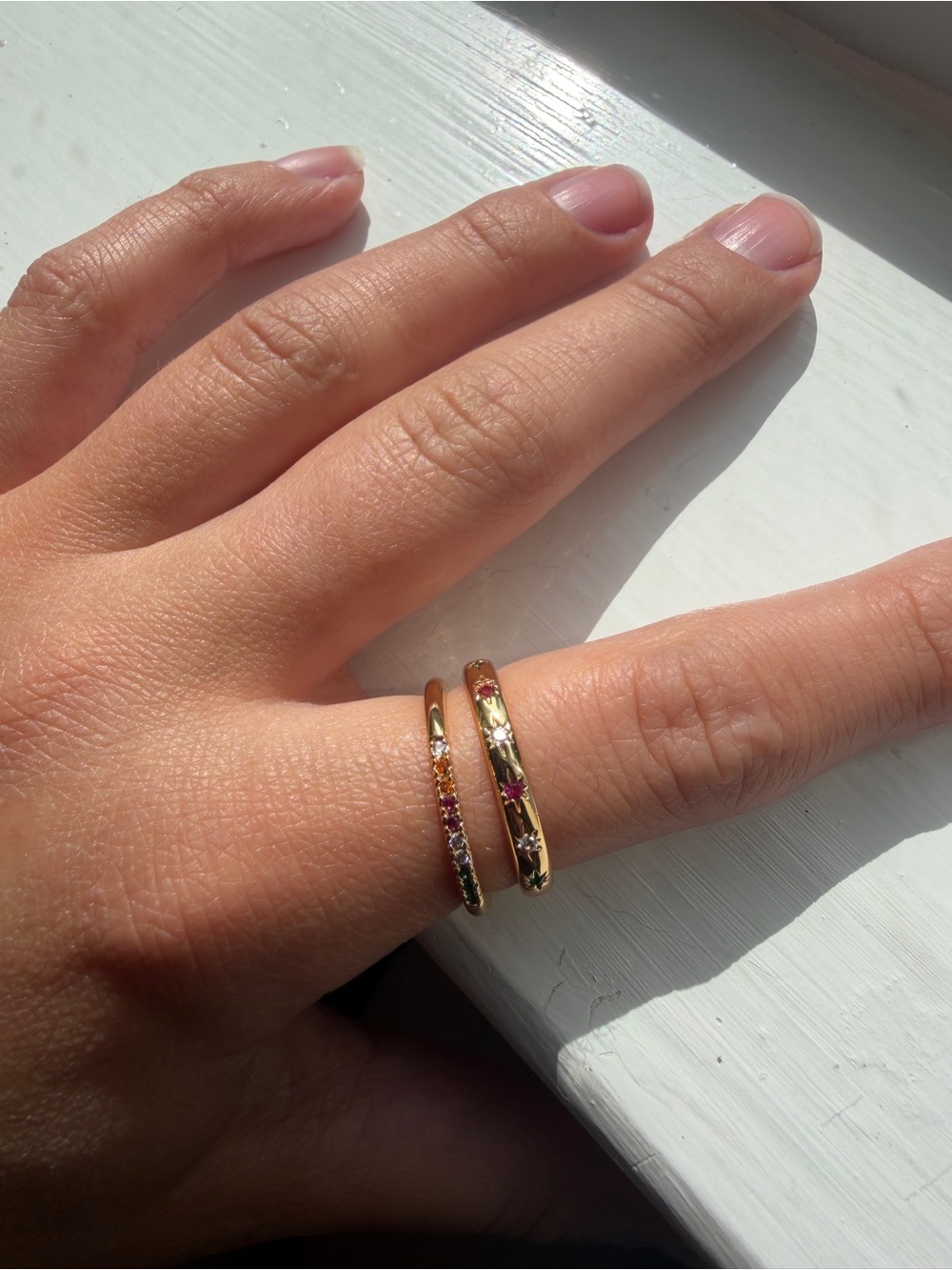 2 Gold Multicolor Gemstone Stackable Rings - Picture 3 of 4